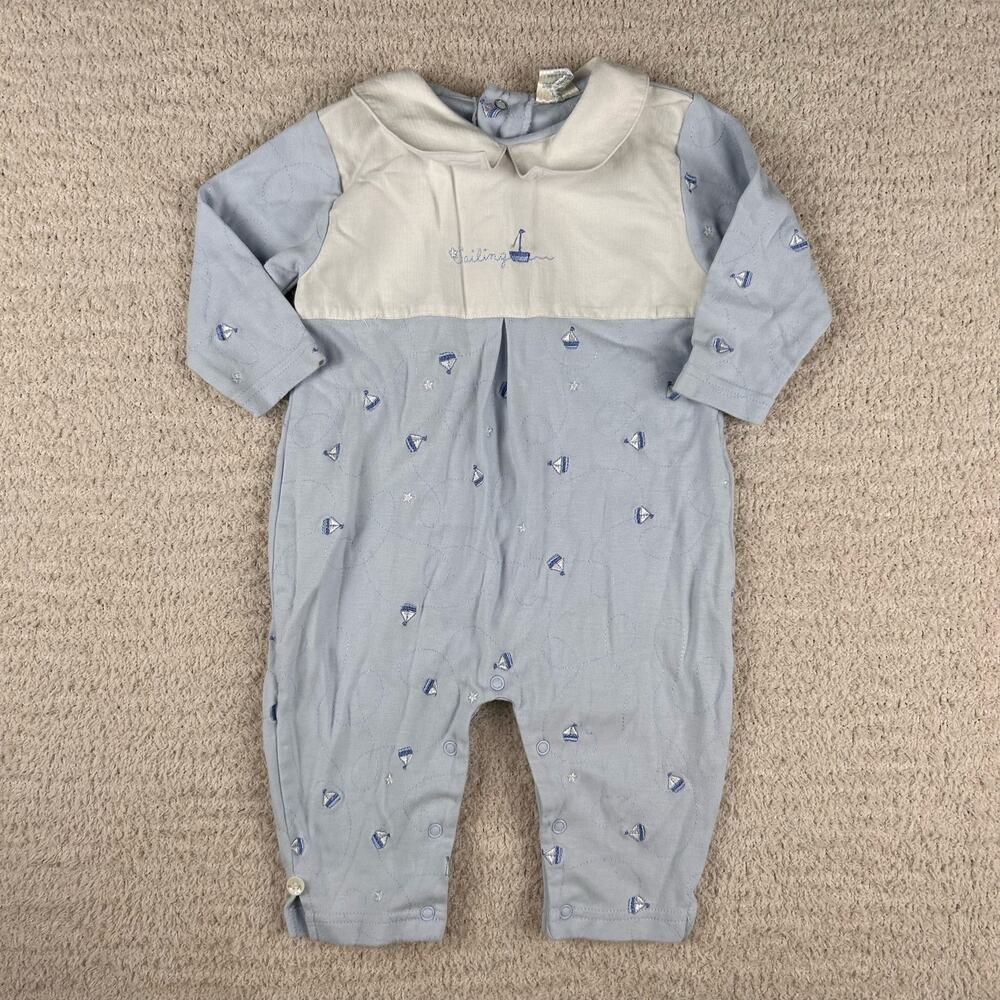 Vintage Miniclasix‎ Infant Boys Romper 9M Blue Sail Boat Coastal Button Collar